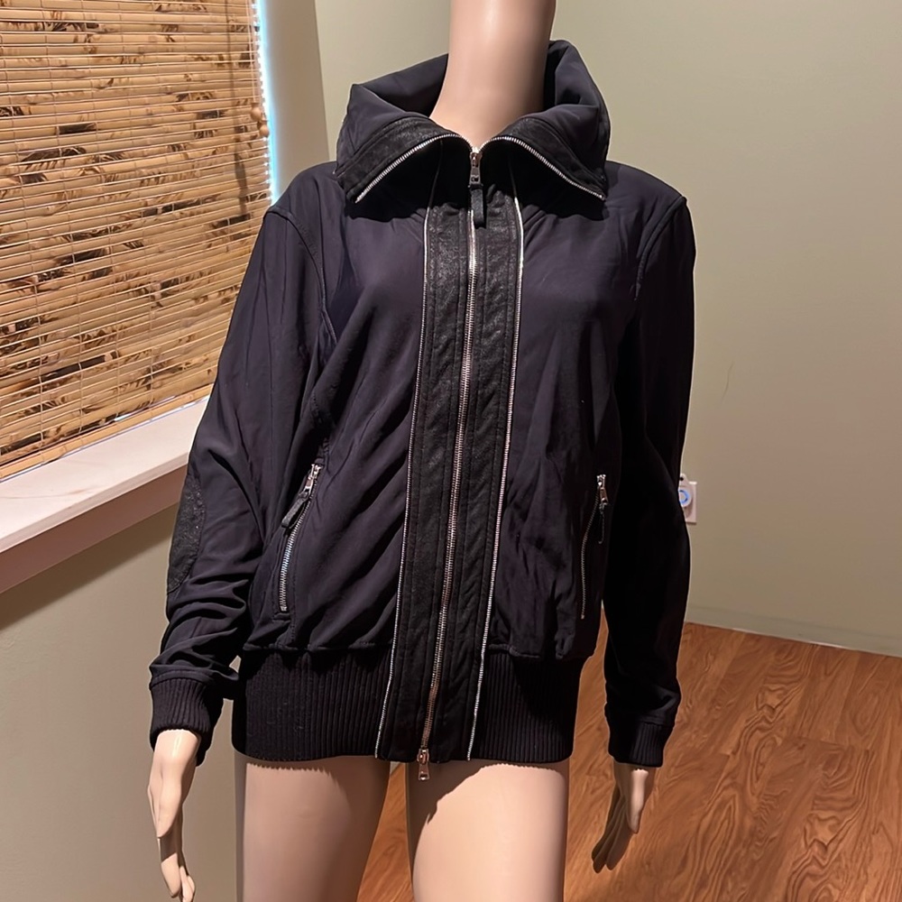 Marc Cain Sports Black High Collar Nylon And Faux Suede Zip Up Jacket Size L
